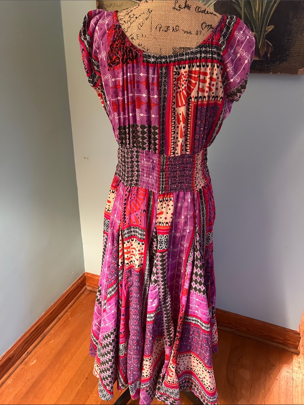 Boho Patchwork Pink MaxiDress with Smocked Waist